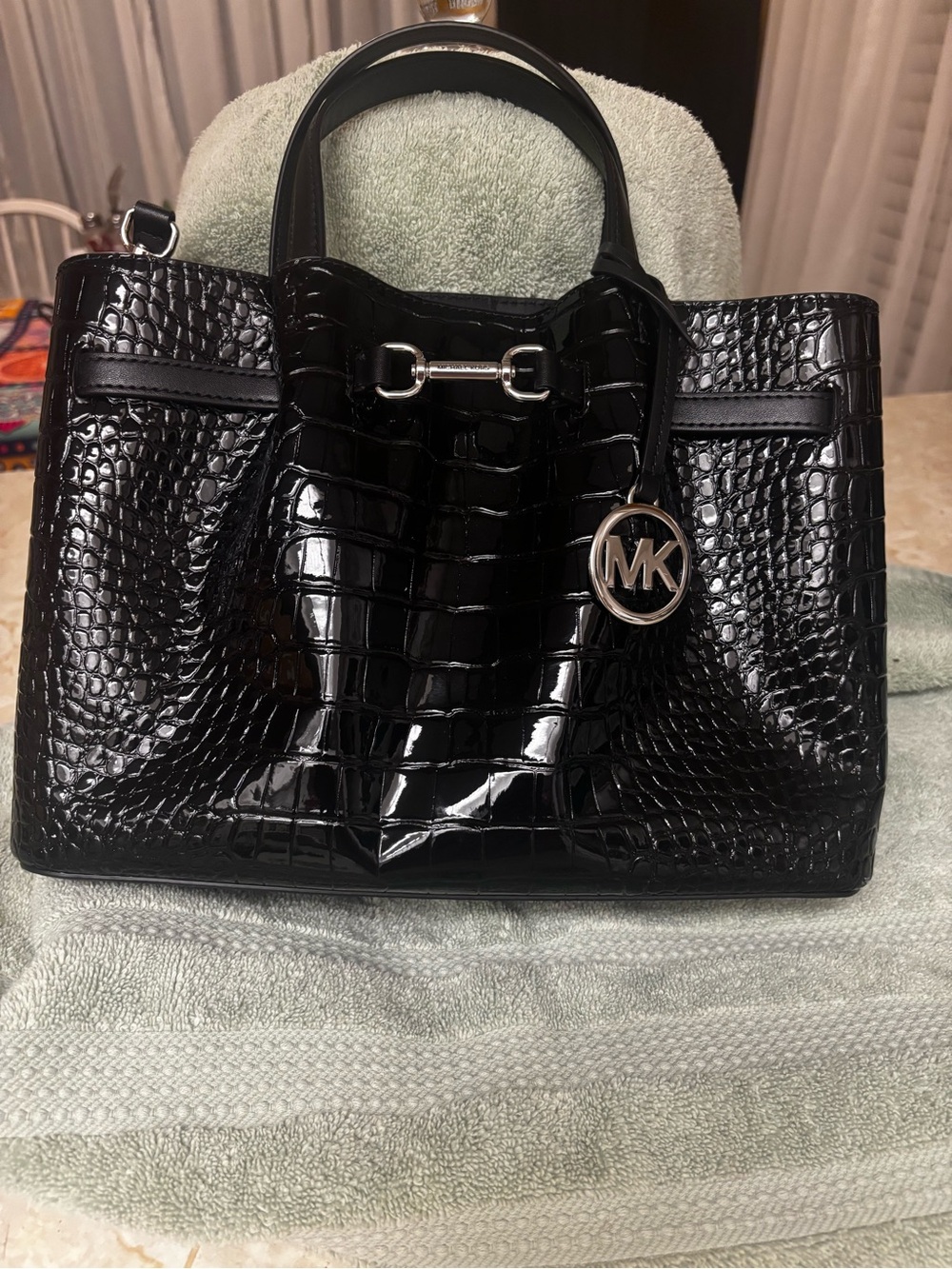 Michael Kors Black Croc-Embossed Patent Leather Satchel